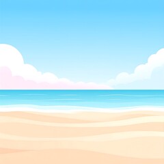 Cartoon beach scene with sand, ocean, clouds, and blue sky