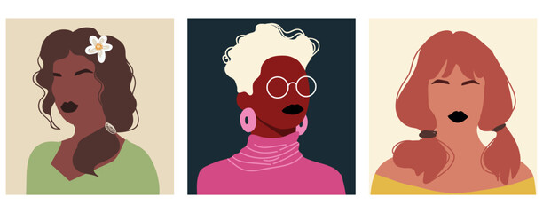 Abstract women portraits set. Faceless female characters. Person poster, head avatar, hand drawn vector illustration.