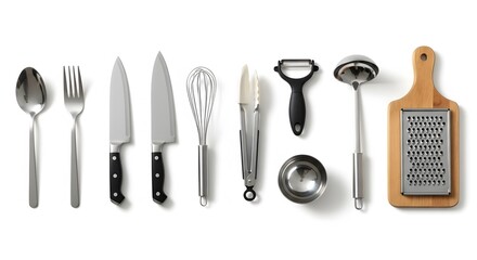 A top down view of various kitchen utensils arranged in a row on a white background surface