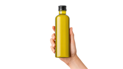 Woman's Hand Holding Bottle of Olive Oil on White Background