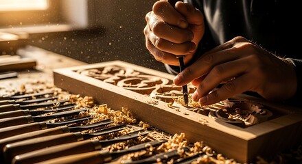 Skilled craftsman carving an intricate traditional pattern into a wooden plank in a sunlit workshop.