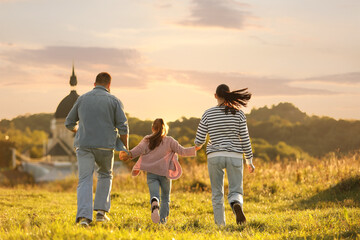 Family holding hands and running in field at sunset, back view