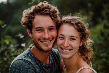 Fototapeta premium Portrait of a cheerful couple in their 20s smiling at the camera