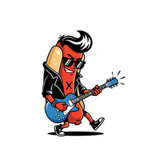 Cool rock and roll hot dog character playing an electric guitar.