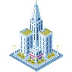 Isometric Pixel Art Cityscape With Tall Buildings And Green Trees Under A Blue Sky With Soft Lighting On A Transparent Background