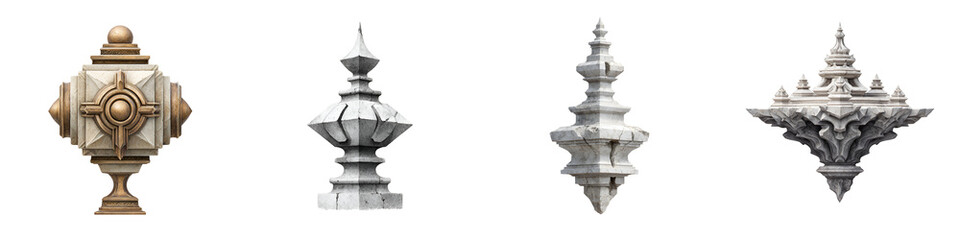 Architectural Finial Ornaments: Decorative Stone Elements on White Background