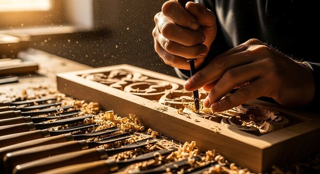 Skilled craftsman carving an intricate traditional pattern into a wooden plank in a sunlit workshop.