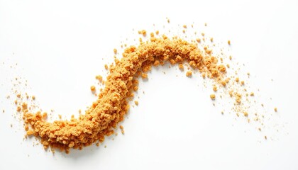 Golden crumbs swirl across white surface. Food blog dessert recipe posts backgrounds. Bakery ingredient themes. Swirling edible golden dust. Delicious tasty treat concept for culinary projects, sweet