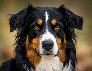 Close-up of a tricolor dog with focused gaze, outdoor backdrop