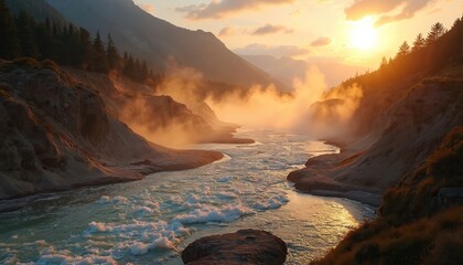 Scenic landscape photo of a river flowing through a canyon. Sun shines on the water creating a warm atmosphere. Misty clouds surround mountain peaks.