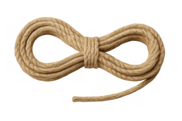 Jute rope forming an infinity symbol and tied in the middle, symbolizing eternity, isolated on transparent background