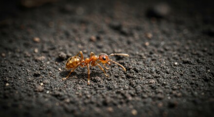 Fototapeta premium Macro view of a single ant on dark, rough ground in bright outdoor light