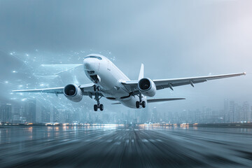 
Technology digital future of commercial air transport concept, Airplane taking off from airport runway on city skyline and world map background with copy space, Moving by speed motion blur effect