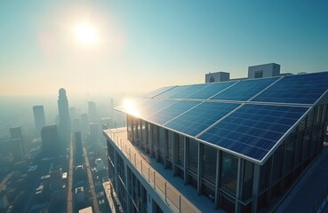 Solar panels on building rooftop in cityscape. Modern architecture with solar modules for green eco power generation. Sunny light, blue sky. Tech innovation on real estate.