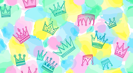 Crowns pattern in watercolor style on pastel background for preppy designs, whimsical art projects, bright backdrops and abstract art