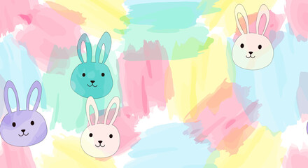 Colorful bunny faces on pastel watercolor background, abstract preppy design for whimsical art prints, greeting cards, and joyful design projects