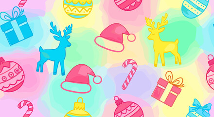 Watercolor Christmas pattern with ornaments for whimsical designs, greeting cards, backgrounds, invitations, and social media