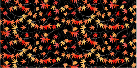 Vector Maple tree branch with autumn leaves. Seamless pattern on a black background