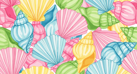 Colorful seashells pattern background in watercolor style for summer themes, preppy designs, whimsical projects and bright pastel backgrounds