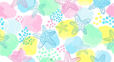 Watercolor starfish pattern with pastel spots for preppy designs, summer themes, bright backdrops, whimsical designs, and textile prints