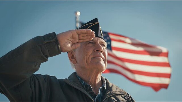 A proud elderly veteran stands tall and salutes the American flag fluttering in the wind under a clear blue sky