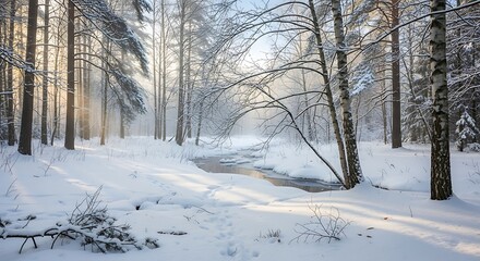 Obraz premium Winter Wonderland - A Snowy Forest Scene with a Flowing Stream.