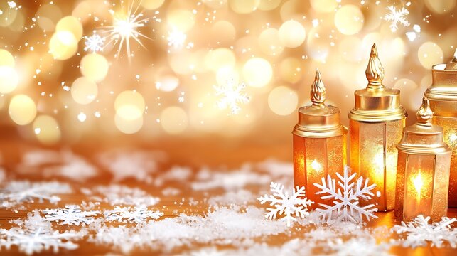 Golden Buddha statue shimmering under lantern light and snowflakes, 85mm portrait lens focused glow
