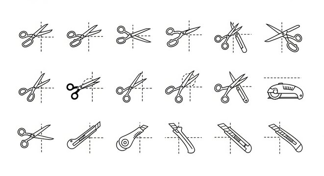 Scissors and Cutter Cutting Dashed Lines , Flat Design Black and White Illustration Set