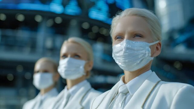 Side perspective of three women in masks and white clothing, standing evenly spaced in line, modern sterile environment, emphasizing safety protocol