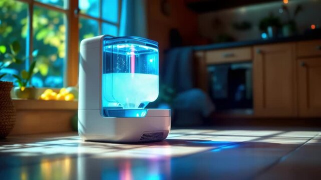 Modern water purifier in sunlit kitchen with blue led light reflecting clean design