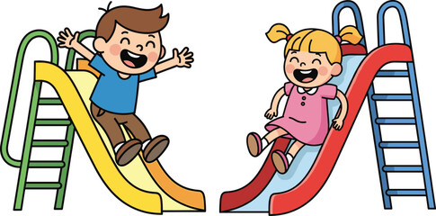 Children sliding, playground fun, cartoon kids, vector illustration, happy moment, outdoor activity, colorful slides, joyful play, animated scene, white background
