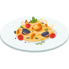 Pixel Art Plate of Seafood Pasta With Cherry Tomatoes and Basil Leaves Freshly Cooked Italian Cuisine Dish Isolated on White Background Macro Food Photography
