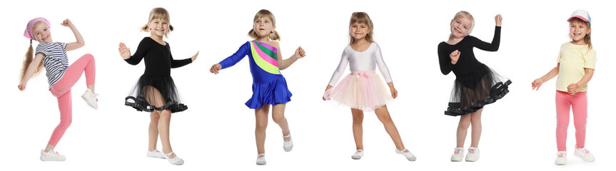 Fototapeta premium Happy children dancing on white background, collage