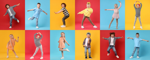 Happy children dancing on colorful backgrounds, collage
