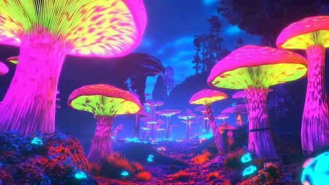 Vibrant glow of neon mushrooms under a starry night sky in a mystical forest landscape