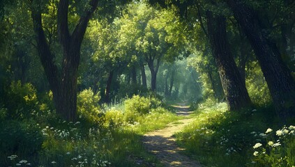 Obraz premium Sunlight illuminates a scenic path through a lush green forest landscape