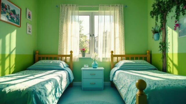 Cozy green bedroom with twin beds and sunlit window