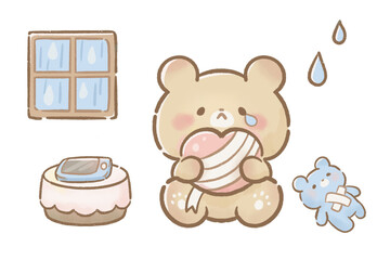 Watercolor Cute Bear with Mask and Small Blue Bear, Caring and Rest Time Concept, Transparent Background