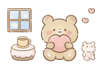 Relaxing watercolor bear illustration with heart – cozy home time, healing and calm vibes, copy space