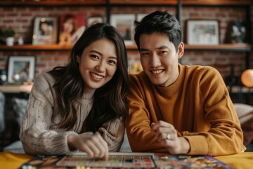 Fototapeta premium Portrait of a content asian couple in their 20s playing a board game