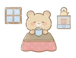 Cozy Winter Bear Relaxing at Home with Tea
