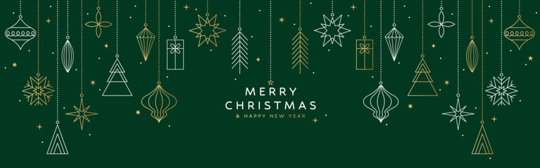 Merry Christmas banner, gold ornament card, green background