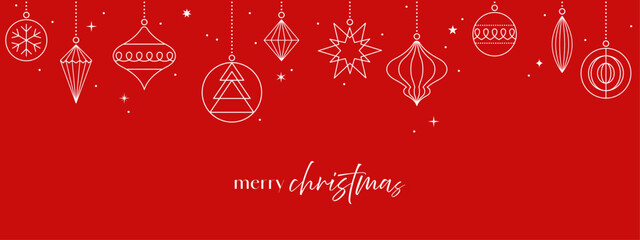 Christmas ball card, hanging ornament border, red background