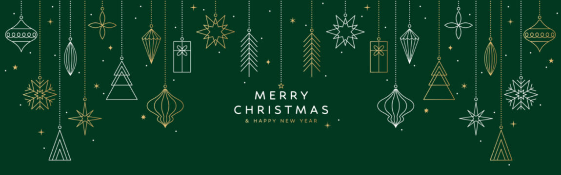 Merry Christmas banner, gold ornament card, green background - Powered by Adobe