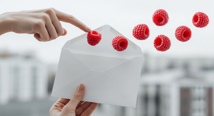 A hand points to a raspberry on an envelope with raspberries floating out of it against a blurred background