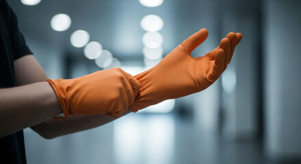Obraz premium Person putting on an orange latex glove with a blurred background of lights in a hallway