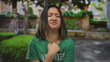 Young woman volunteer in green shirt pulls disgusted faces at outdoor park with greenery and stone wall in background; showcasing youth and emotion.