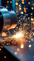 Intense sparks fly as a metal grinding wheel cuts through steel creating a fiery spectacle