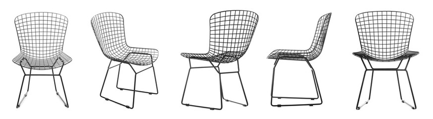 Stylish metal chair isolated on white, set. Used furniture