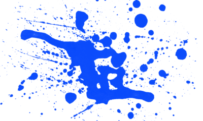 Abstract blue ink splatter isolated on transparent background, dynamic splash and drops, artistic and energetic design element